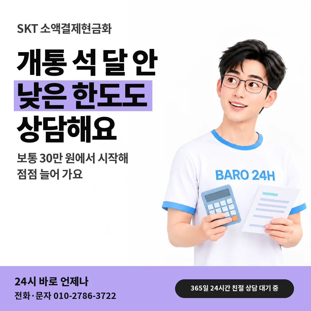 BARO 24H 티셔츠를 입은 3D 인물 옆에 「SKT 가입 초기 한도 질문」 제목을 얹은 안내 카드